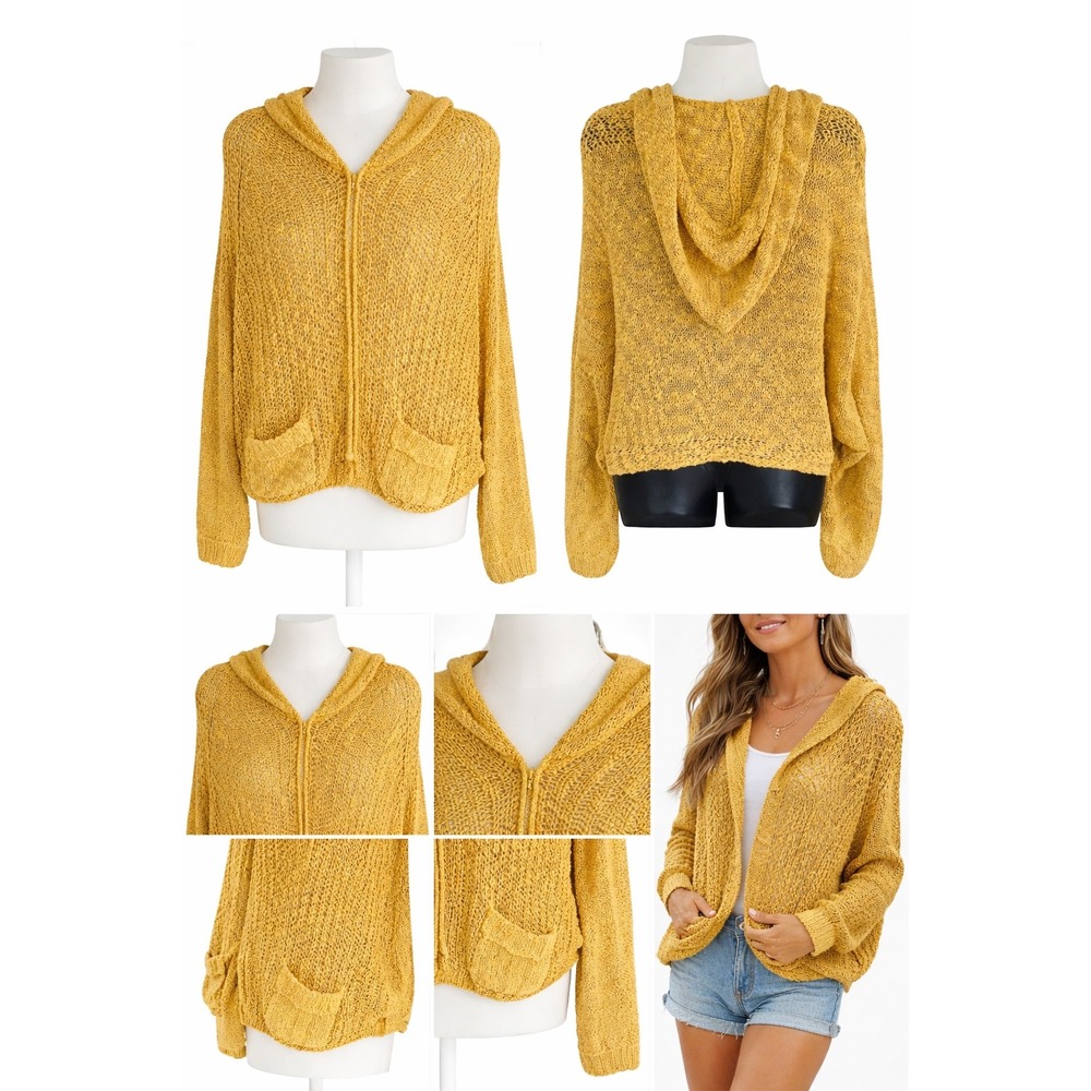 YA Los Angeles‎ Mustard Gold Open Knit Hoodie Sweater Boho L
